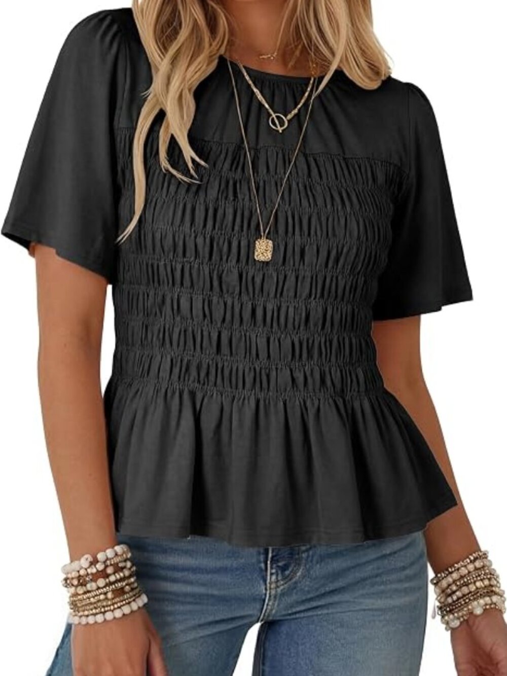 Watashi Women Summer Blouse Smocked Peplum Babydoll Tops (L) Black